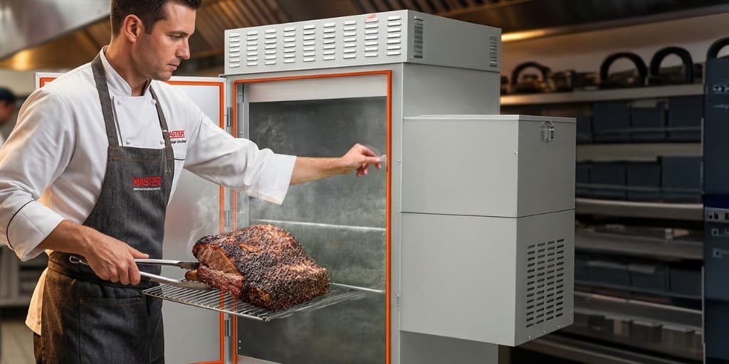 Chef using a Cookshack commercial smoker in a professional kitchen