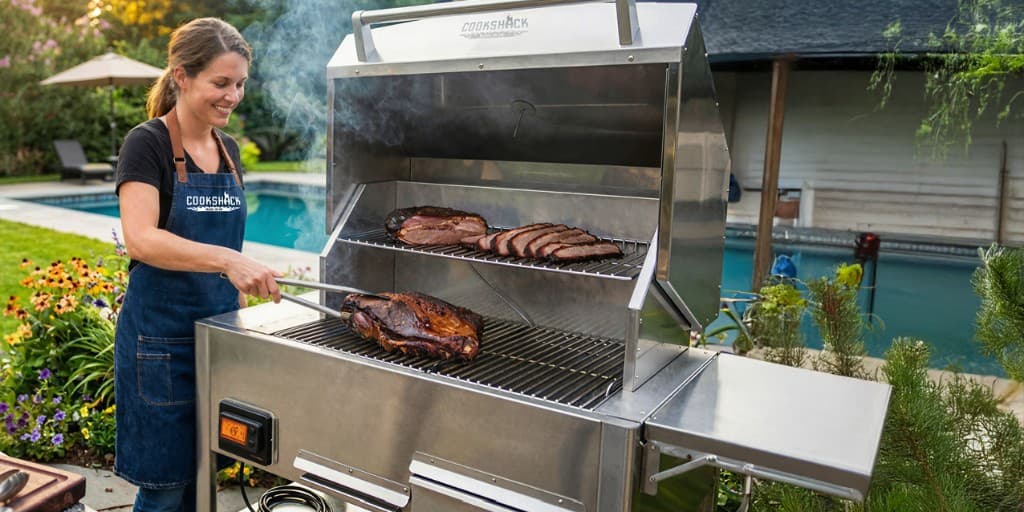 Cooking with a Cookshack smoker in a backyard patio setting